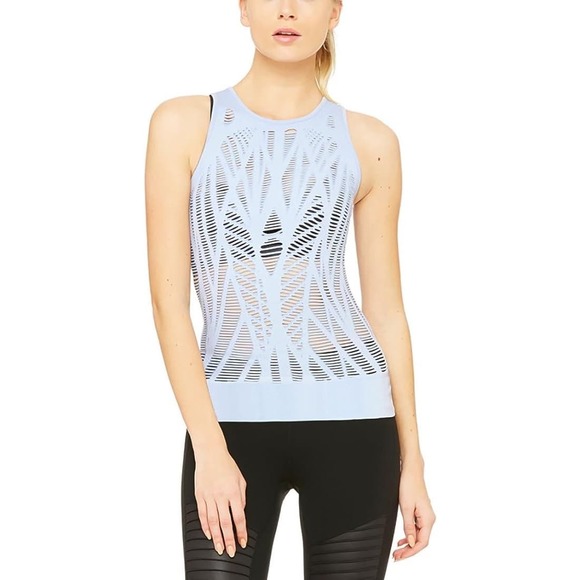 ALO YOGA Vixen Fitted Muscle Tank Top | Gray Distressed Ripped Seamless - L - Picture 5 of 5